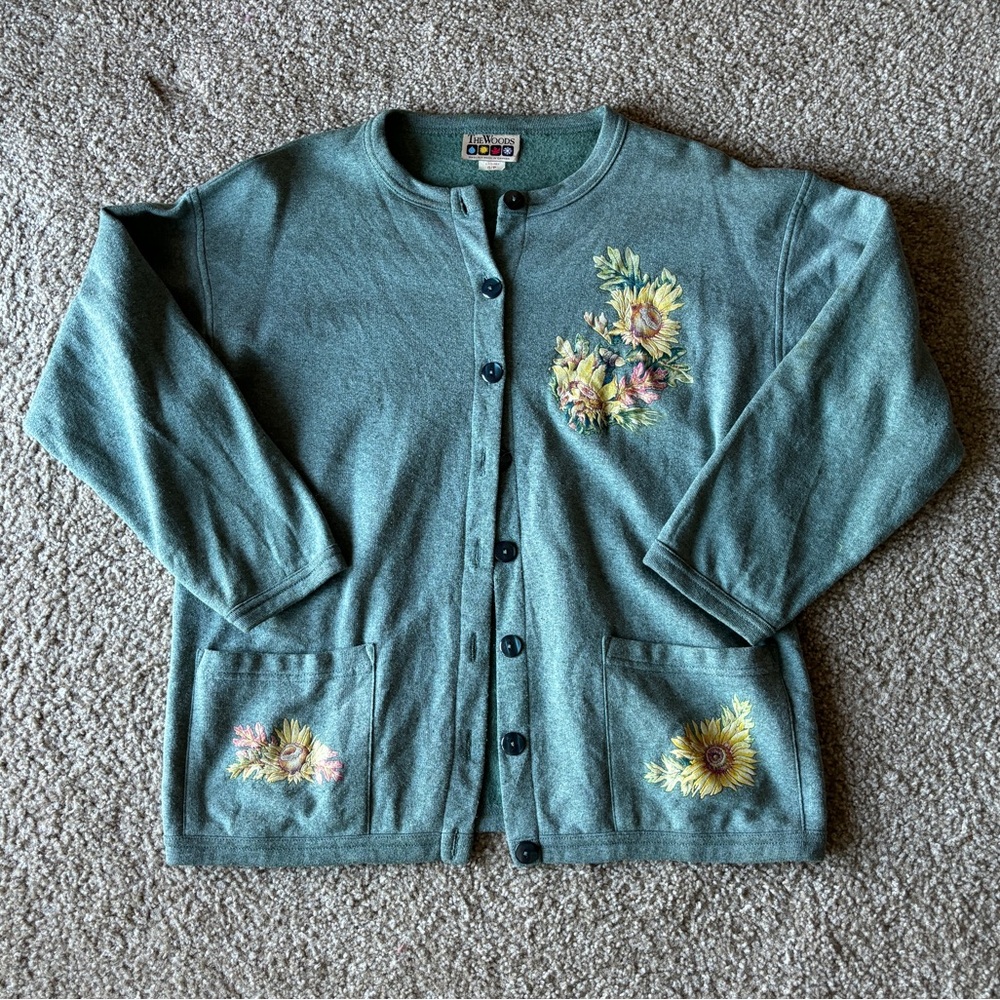 VTG 2000s Y2K‎ The Woods Fleece Lined Cardigan Sage Green Sunflower Pockets